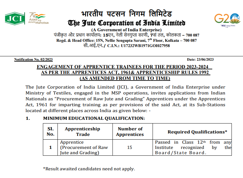 The Jute Corporation of India Limited Notification 2023